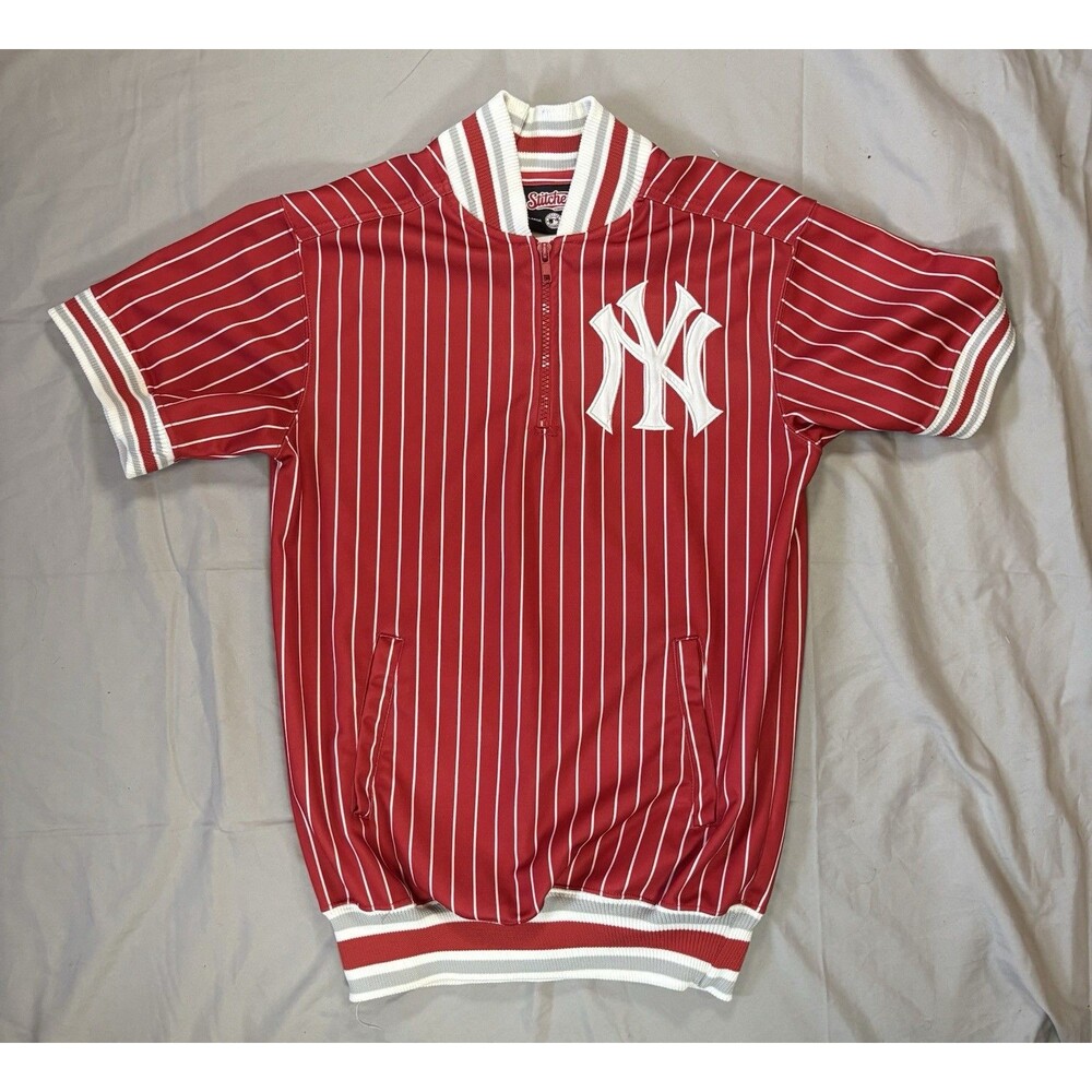 New York Yankees MLB 1/4 Zip Pinstripe Stitches Pullover Short Sleeve Size Large